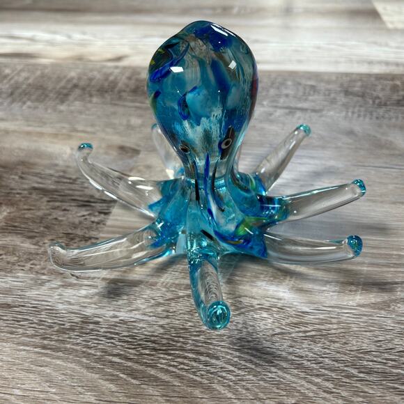 Hand Blown Glass Octopus Sculpture Blue Clear Art Glass Figurine 7.5” - Picture 7 of 7